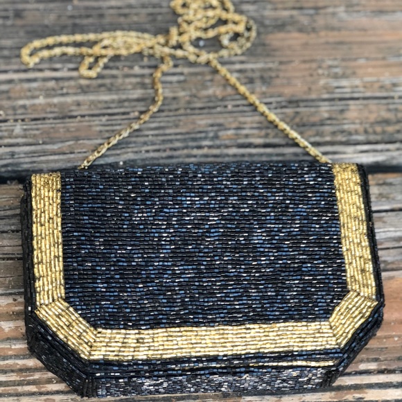 Gold Black Beaded Purse Evening Bag Envelope Clutch Geometric Vintage 70s 80s - Picture 1 of 8